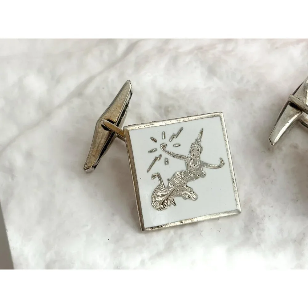 Siam Sterling White Guilloche Square Nielloware Vintage Thai Made 925 Cufflinks